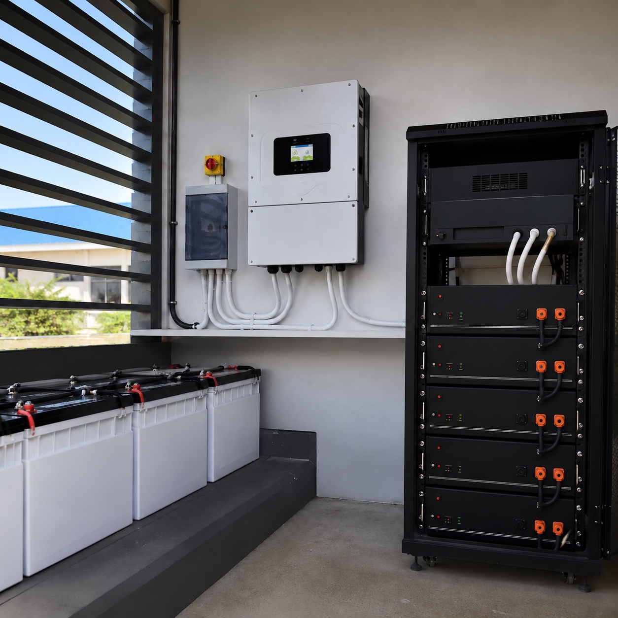 Unbranded inverter and battery equipment installed in a dedicated power room