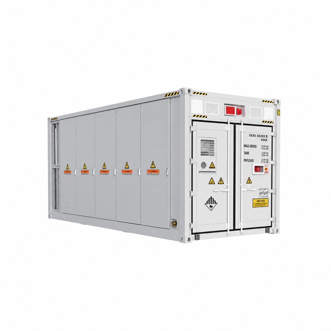20-foot liquid-cooled battery container with side service doors and front cooling assembly; branding removed