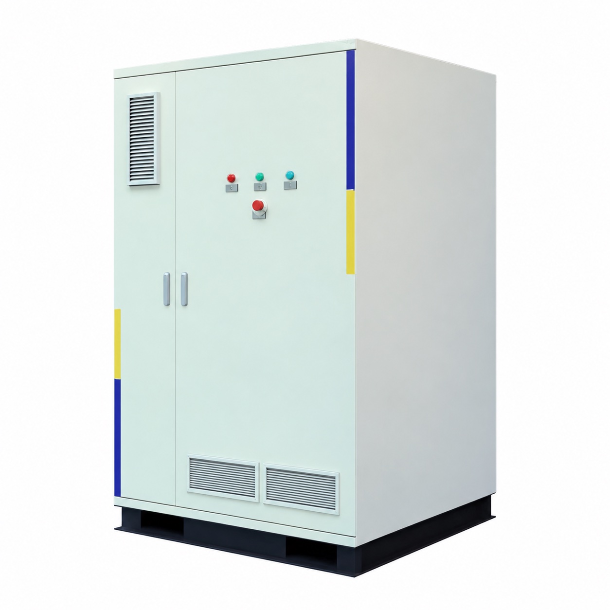 Liquid-cooled commercial battery cabinet with doors, indicator lights, emergency stop and lower vents; branding removed