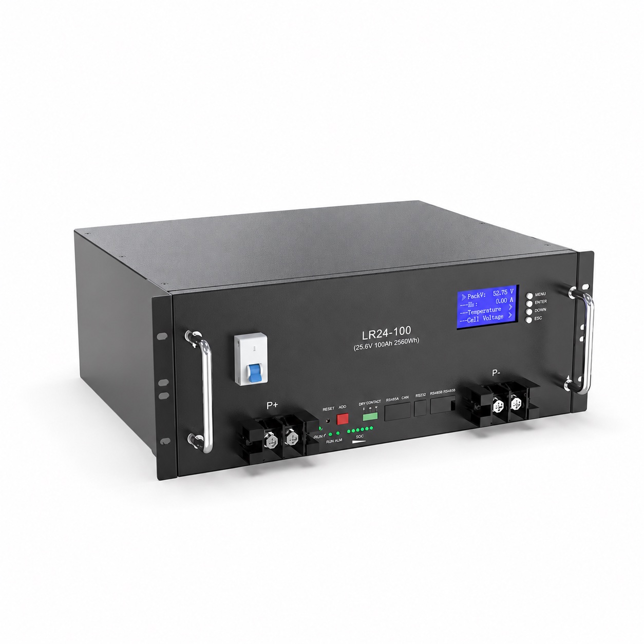 LR24-100 rack-mounted battery with front terminals, handles and display; branding removed
