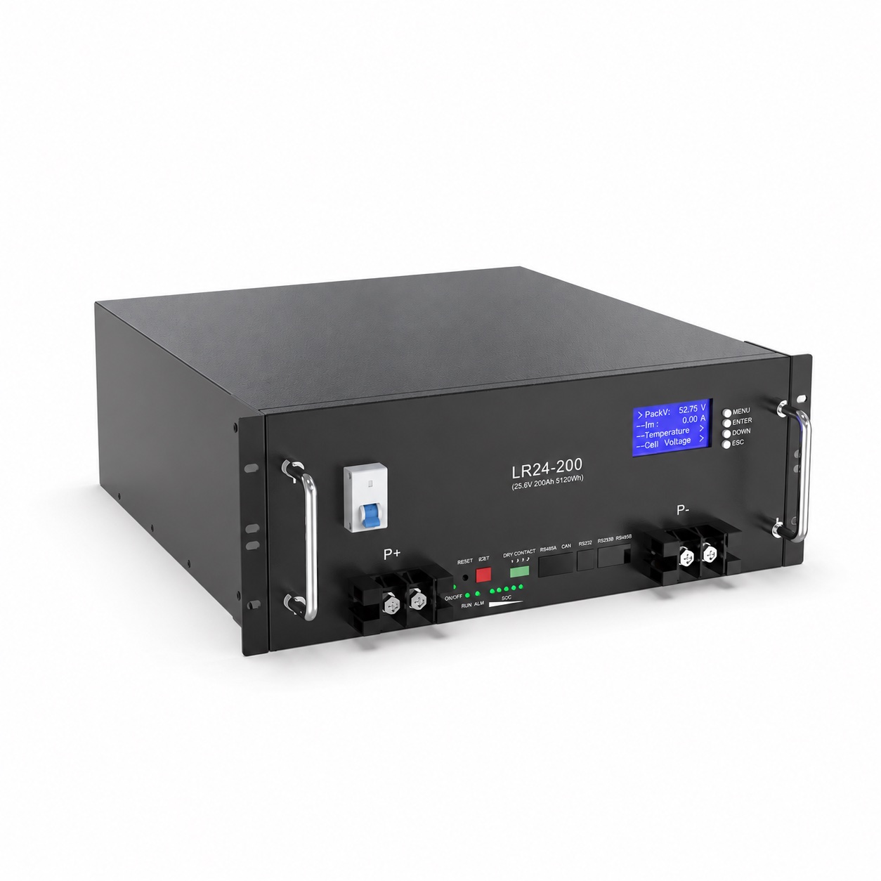 LR24-200 rack-mounted battery with front terminals, handles and display; branding removed