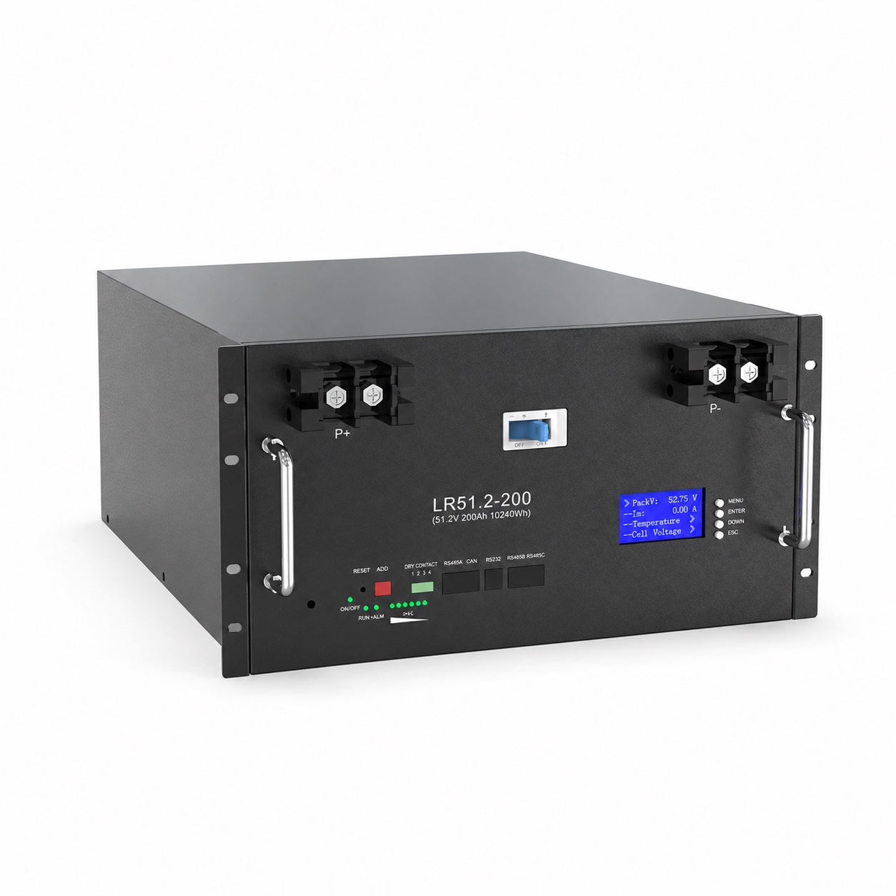 LR51.2-200 rack-mounted battery with front terminals, handles and display; branding removed