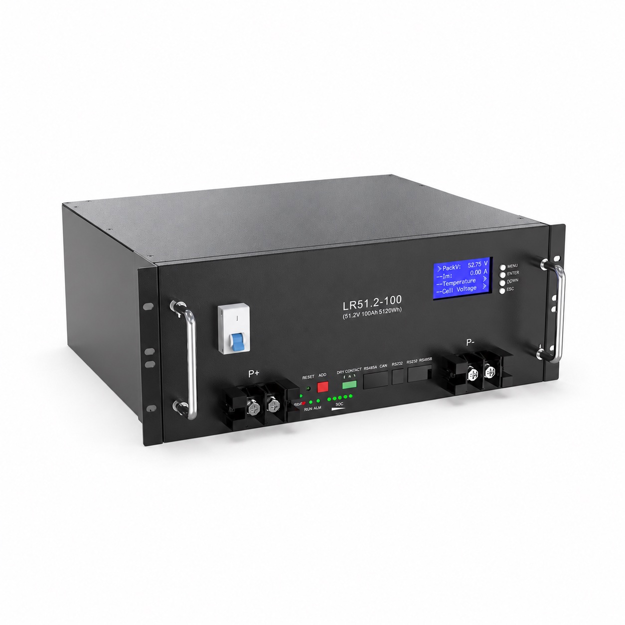 4U rack-mounted 51.2 V 100 Ah battery with terminal connectors, handles and status display; branding removed