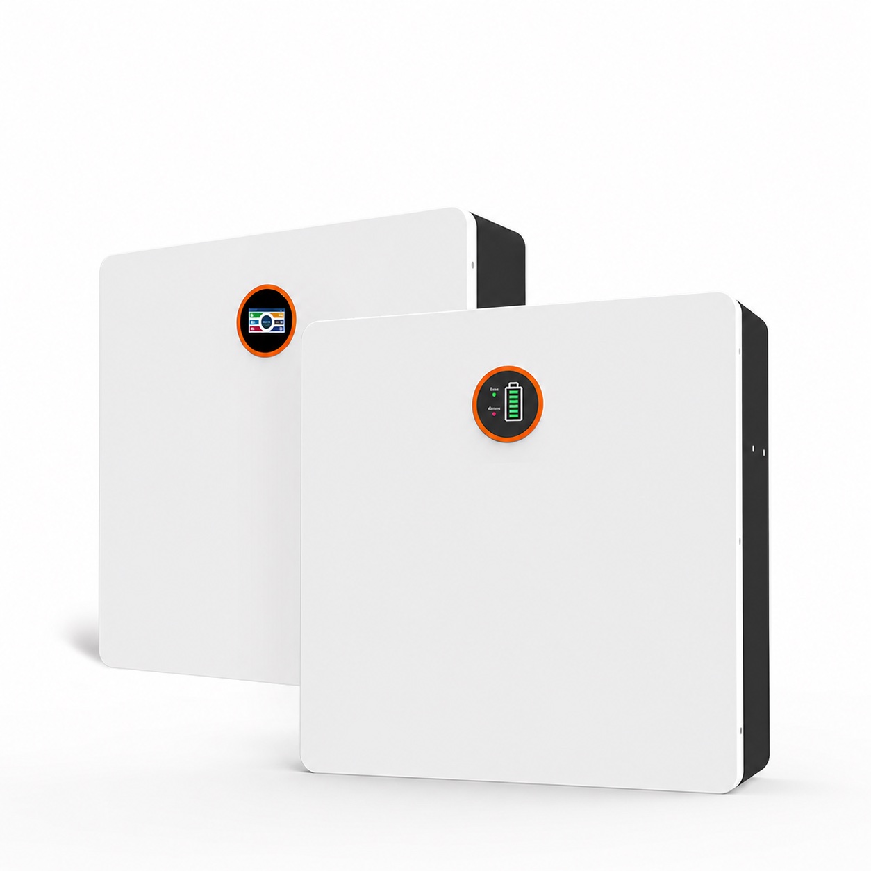 Supplier wall-mounted LFP battery units with orange status displays; branding removed
