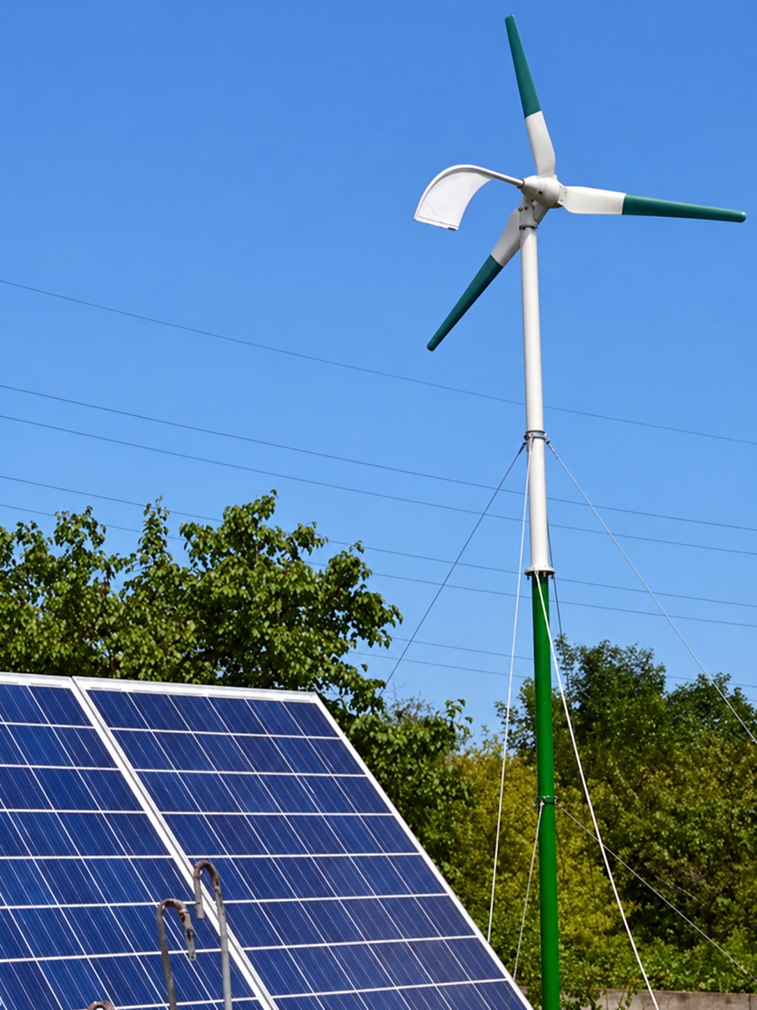 Supplier UHWT 2 kW listing photo showing a three-blade horizontal-axis turbine on a guyed mast beside solar modules