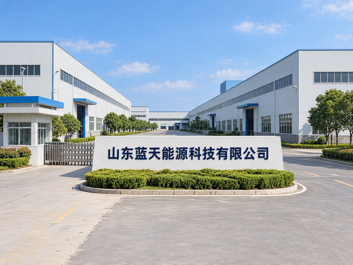 Factory entrance branding visualization with the Chinese company name 山东蓝天能源科技有限公司 on the entrance sign