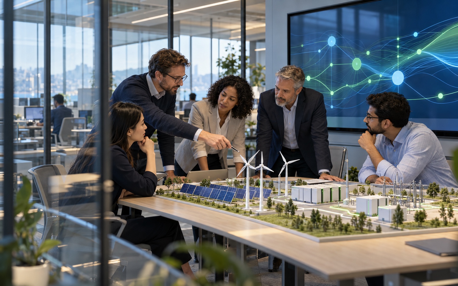 Representative engineering team reviewing a clean-energy system
