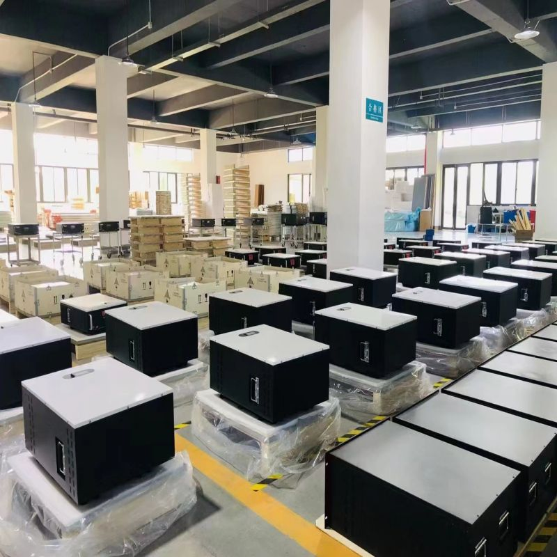 Battery enclosures organized on pallets before dispatch